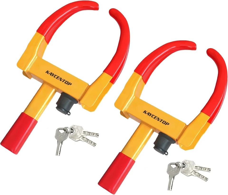 KAYCENTOP 2PCS Universal Wheel lock Clamp Fit Trailers SUV Golf Carts 3 Keys Red Yellow