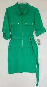 Sharagano Women's Green Collared Tab Sleeve Zip Front Belted Shirt Dress Sz 14 - Picture 1 of 6