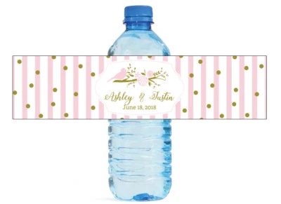 Etiquetas de botellas de agua de ducha nupcial aniversario boda rayas rosas y puntos dorados Foto 1 de 4