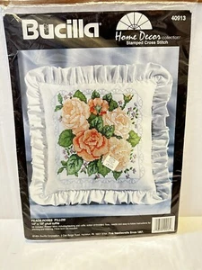 Vtg 1994 Bucilla "Peach Roses" Pillow Stamped Cross Stitch Kit #40913 - Picture 1 of 3