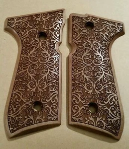 KSD Brand Beretta 92FS, 92A1, 92G, 92D, 96, M9 Compatible Walnut Grips Floral - Picture 1 of 1
