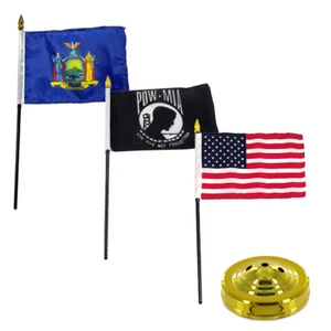USA / New York / Pow Mia 3 Flags 4"x6" Desk Set Table Stick Gold Base - Picture 1 of 1