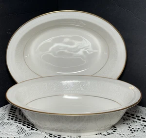 2 Noritake Tulane #7562 Pattern Porcelain Oval Serving Bowls Gold Trim (10x7.5") - Picture 1 of 14