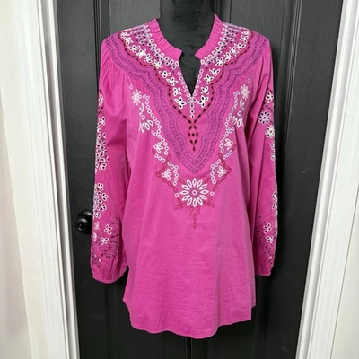 Soft Surroundings Laney Voile Blouse Puff Long Sleeve  Pink Embroidery Sz XL - Image 1 of 4