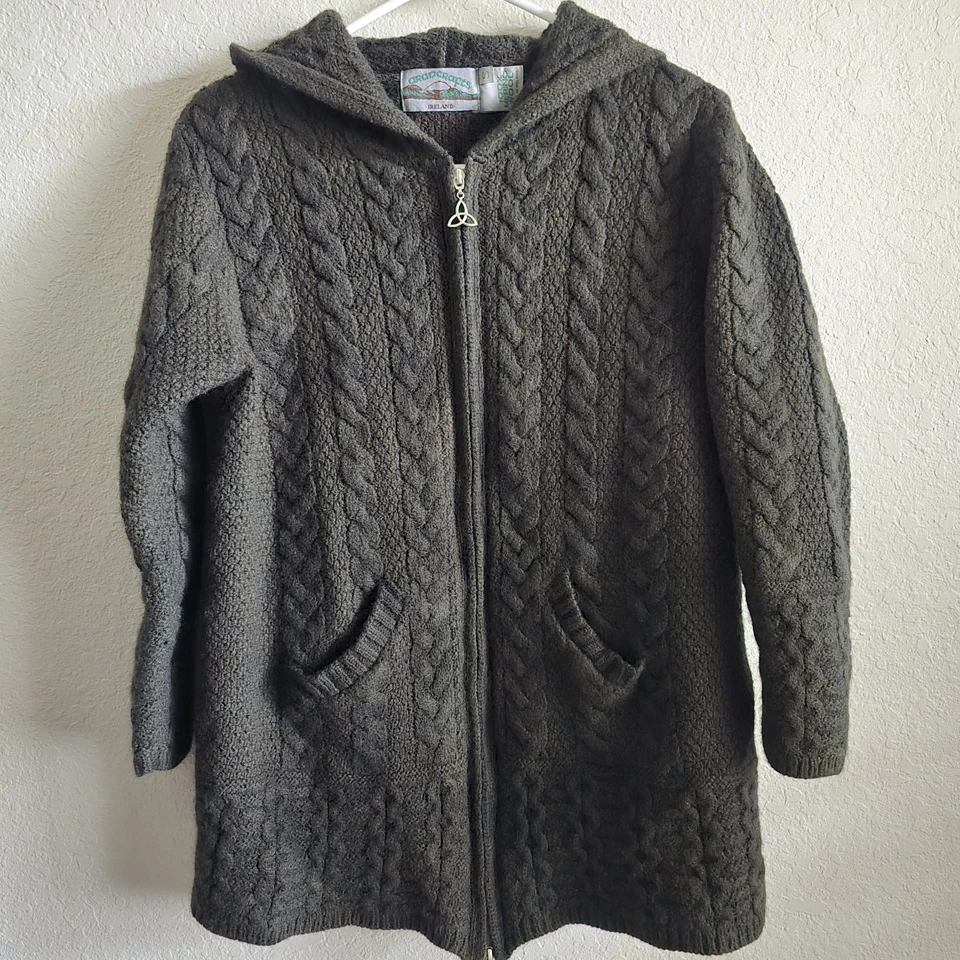 Suéter Aran Crafts Mujer Pequeño 100% Lana Merino Cremallera Completa Gris Con Capucha Irlanda Foto 1 de 4