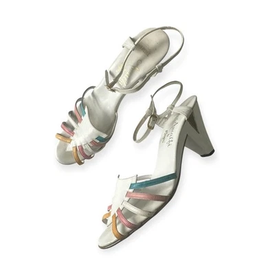 Vintage Amalfi Rangoni Sandals White Multi Strap Italy Block Heels, V-Cut Heels - Image 1 of 4