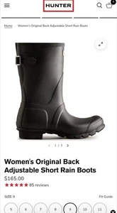 Size 9 Hunter Womens Original Short Back Adjustable Black Rubber Onyx Rain Boots - Picture 1 of 7