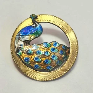 Antique Arts Crafts Enamel Bird Pin Guilloche C-Clasp Peacock Tiny Small Gold - Bild 1 von 8