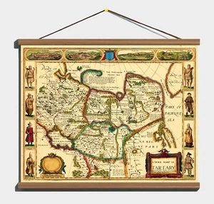 Ancient Old 1611 Antique Decorative Map Of Tartary; Cotton Canvas, Wooden Hanger - Picture 1 of 18