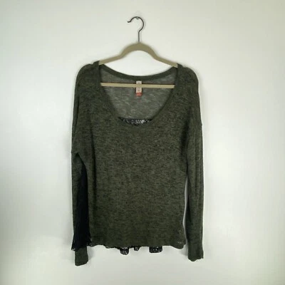 No Boundaries Junior Women X Large Knit Sweater Lace Back Olive Green Scoop Neck - Image 1 of 4