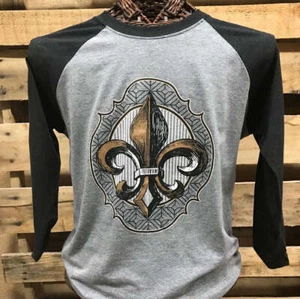 Southern Chics Apparel Fleur De Lis Raglan Canvas Long Sleeve T Shirt - Picture 1 of 6