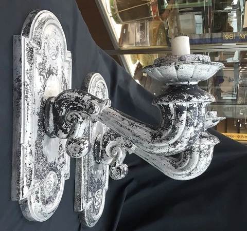 Pair of Very Large Ornate Aluminum Wall Sconces Cover