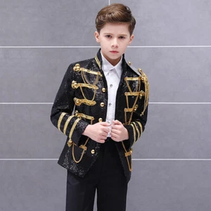 Boys Kids Children Sequin Single Breasted Jacket Dance Show Hussar Blazer Loose - Picture 1 of 14