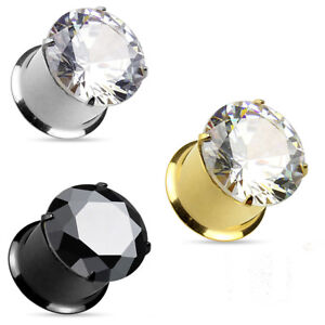 Pair of Prong Set Round CZ Top Double Flared Saddle Stainless Steel Plugs E532