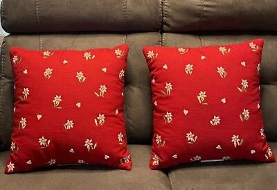 Two Throw Pillows Threshold 18" x 18"  Red + Embroidered Flowers Hearts Gift - Image 1 of 4
