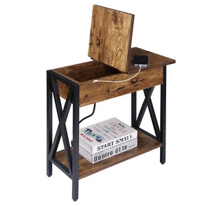 24" X-Shaped Metal Legs 2 Tier Flip Top Sofa Side Table W/Charging Station Brown - Picture 1 of 12