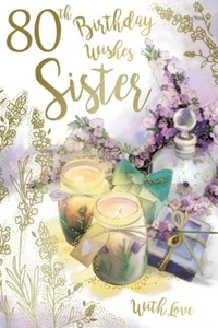80 Cumpleaños Deseos Hermana Perfume y Velas Diseño Tarjeta de Cumpleaños Hermoso Verso - Imagen 1 de 2