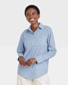 A New Day Slim Fit Boyfriend Long Sleeve Button-Down Shirt Blue White Stripe XS - Picture 1 of 1