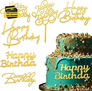 6Pcs Gold Acrylic Cake Toppers - Happy Birthday Signs & Decorations ⭐️⭐️⭐️⭐️⭐️ - Picture 1 of 7