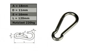 Gancio a Carabina Acciaio Inox Inossidabile 11mm x 120mm V4A Occhiello Cavo Niro - Picture 1 of 1