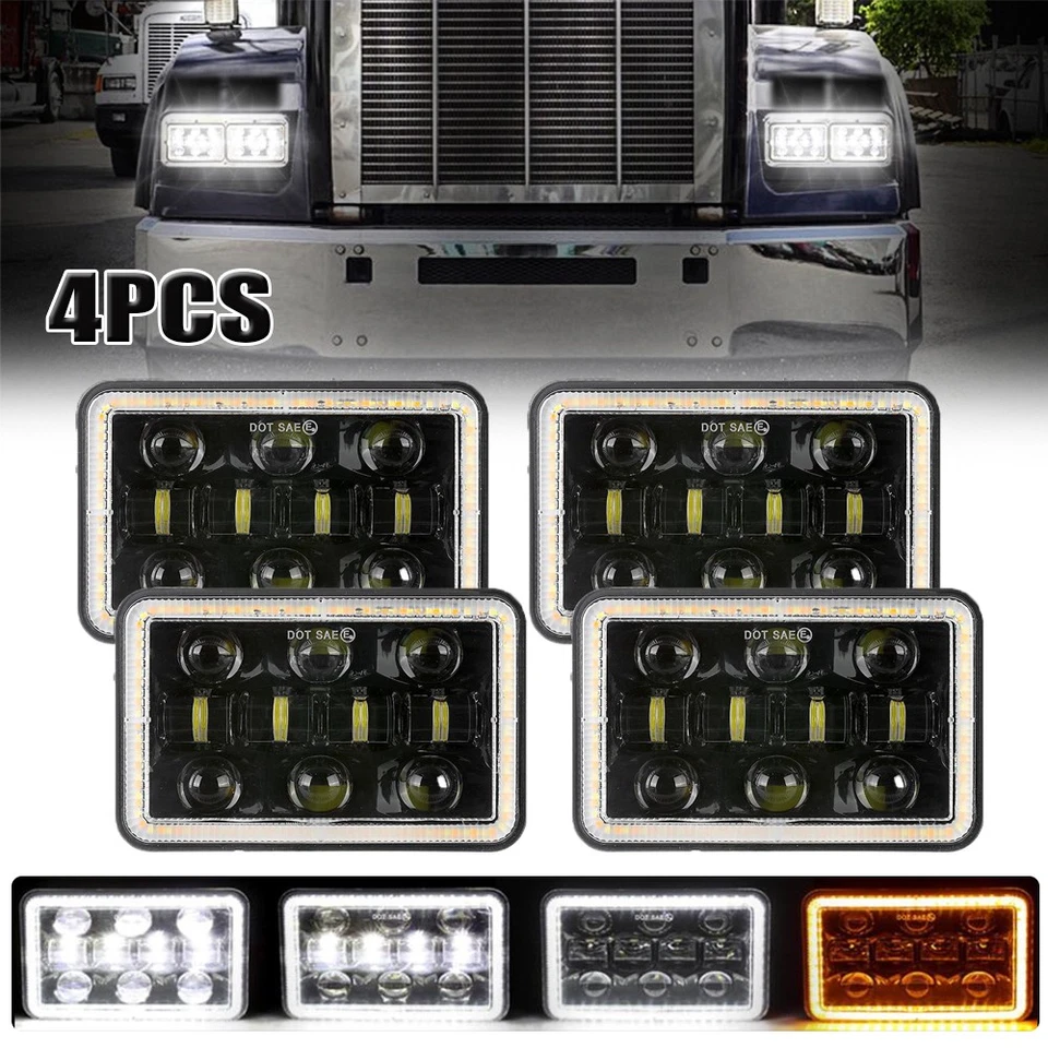 4Pcs 4x6" LED Square Headlight Hi-Lo Beam DRL For Jeep Offroad Truck Truck Boat - Image 1 of 4