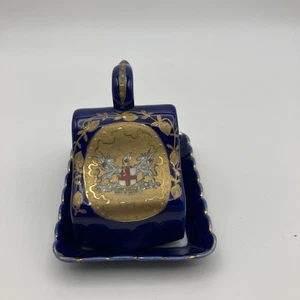 Antike Souvenir Butterdose London Crest Kobaltblau Gold Vergoldet Keramik Klein - Bild 1 von 11