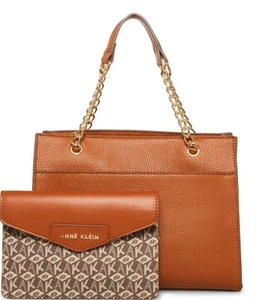 Anne Klein 2 for 1 Satchel purse 0with Detachable Pouch, Saddlle/Cream-Brown - Picture 1 of 24
