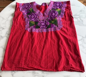 Vintage Hand Embroidered Mexican Huipil Peasant Top Medium Cotton Red Purple - Picture 1 of 4
