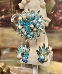 D & E Juliana aquablau hinten offen Strass Brosche Ohrringe Gold Ohrhänger Perlen - Bild 1 von 6