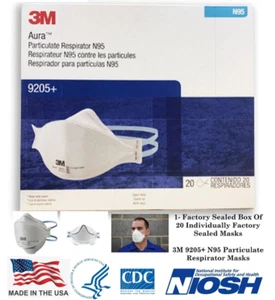 3M N95 Aura 9205+ 20 MASCHERE Omologate NIOSH N95 Respiratore Particolato Maschere Viso - Foto 1 di 7