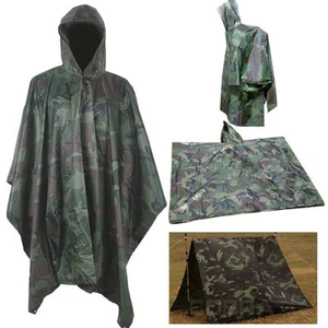 Rain Poncho Waterproof Raincoat Cover Rain Cape Hooded Hiking Camping Military - Picture 1 of 16