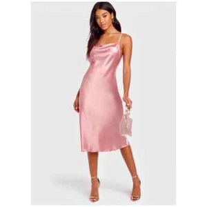 Abito midi nuovo con etichette bebe L/XL raso rosa rosa collo cappuccio bellissimo sexy elegante - Foto 1 di 12