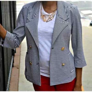 CAbi Nautical Life Knit Blazer Jacket Stripe Gold Button 823 Old Money size M - Picture 1 of 12