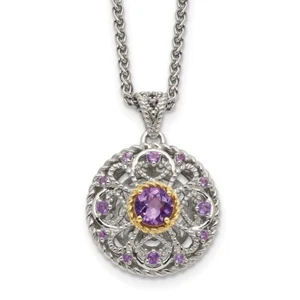 Sterling Silver with 14k Gold Accent Round Amethyst Necklace 18" Gift for Her - Picture 1 of 5
