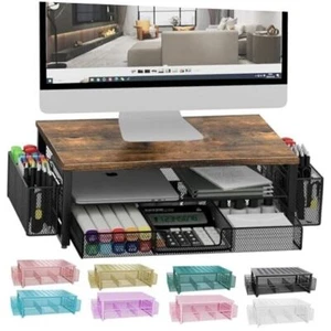 Monitor Stand Riser, Desk Organizer with Drawer and Pen Holder, 2-Tier Wood - Picture 1 of 7