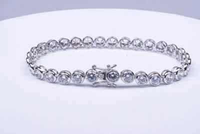 Теннисный браслет с ободком и бриллиантами 9 карат круглой огранки с покрытием из белого золота 14 карат - Изображение 1 из 4