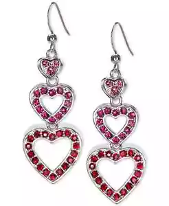 Holiday Lane Silver Tone Pavé Heart Triple Drop Earrings Red/Pink One Size - Picture 1 of 2