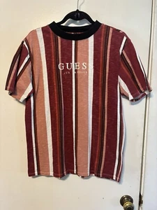 Retro Guess Originals T Shirt Mens Medium Vertical Striped Embroidered Spellout - Picture 1 of 6