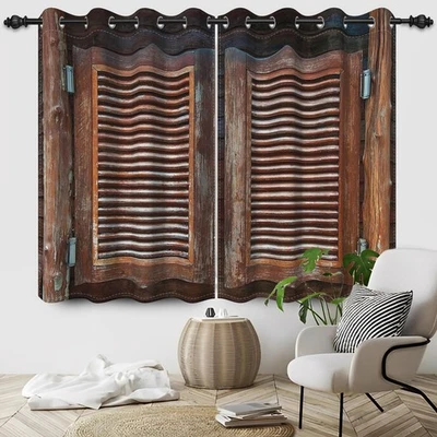 Puerta de granero de madera rústica cortinas de ventana oscuras tablones de madera granja C... Foto 1 de 4