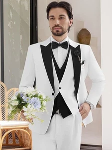 Traje Para Hombre Calce Ajustado 3 Piezas Blanco L 42R 36W Solapa Pico 1 Botón *Pantalones Negros* - Imagen 1 de 3