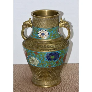 Jarrón lámpara convertida champlevé cloisonné japonés de latón con asas - Imagen 1 de 10