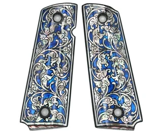 1911 FULL SIZE GRIPS FIT COLT KIMBER RUGER TAURUS Mother Pearl Blue Flower ART - Picture 1 of 12