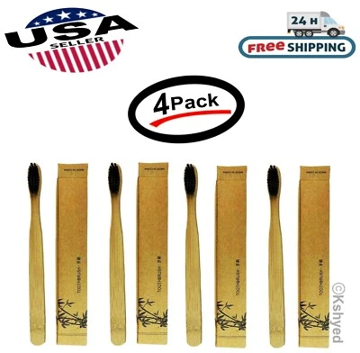 (4 Pack) Charcoal Bamboo Toothbrush Adult Organic Wooden Natural Biodegradable - Image 1 of 4