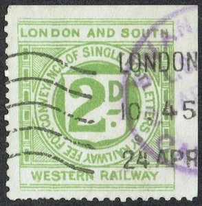 c.1900 London and South Western Railway 2d Green Letter Stamp LONDON - Picture 1 of 1