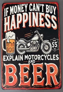 Insegna Birra Moto Felicità Metallo 30x20cm Vintage Uomo Caverna Capannone Moto - Foto 1 di 2
