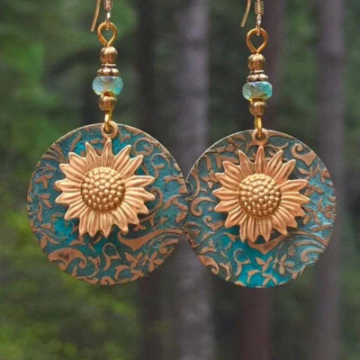 Sunflower Dangle Earrings Vintage Boho Big Round Drop Earrings Jewelry Gifts - Image 1 of 4
