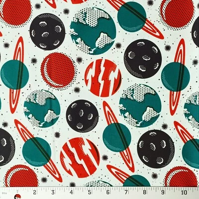 Blast Off Atomic Planets Cosmic Cloud9 Organic Cotton Fabric White Red Teal - Image 1 of 4