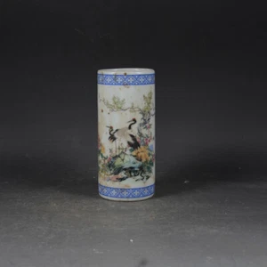4.7" Chinese Jingdezhen Famille Rose Porcelain Red-crowned Crane Brush Pots - Picture 1 of 5