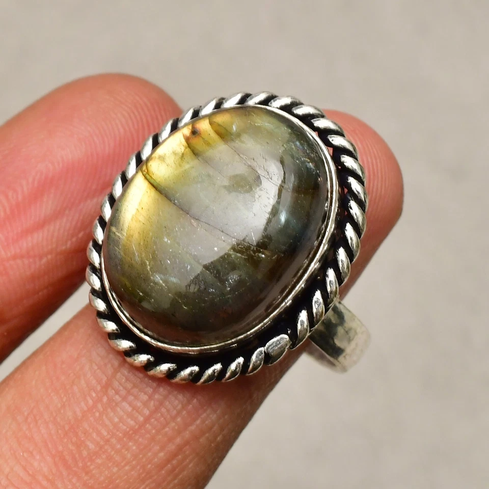 Anello gioiello in argento sterling 925 con pietra preziosa labradorite misur... - Immagine 1 di 4