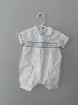 Vive La Fete Collection Bebe Boys White Smocked Shortalls Bubble 9m - Image 1 of 4